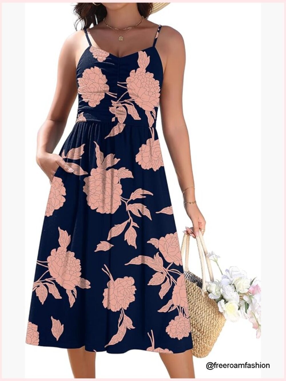 Adjustable Spaghetti Strap Ruched Midi Sundress with Pockets Flowy Beach